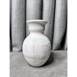Acevloza Mexican Pottery Vase VTG 90s Handcrafted Clay 6" Cactus Pastels
